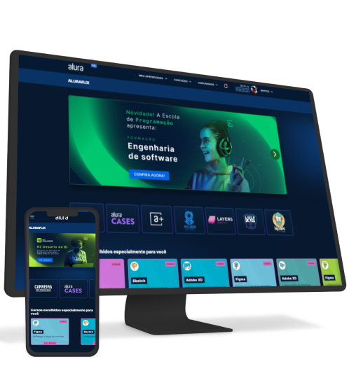 Monitor e celular com alura+ aberto
